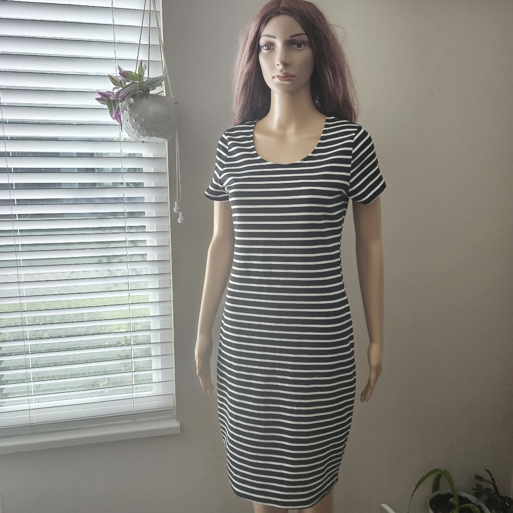 Wasabi Mint shirt dress black white stripes scoop neck short sleeves